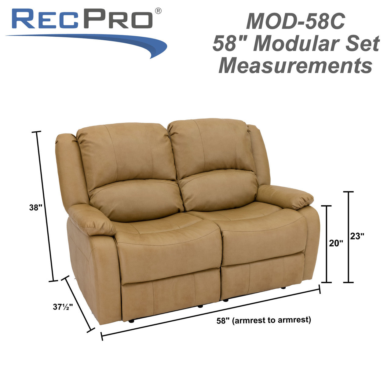 RecPro Charles 58" Double RV Wall Hugger Recliner Sofa RV Loveseat