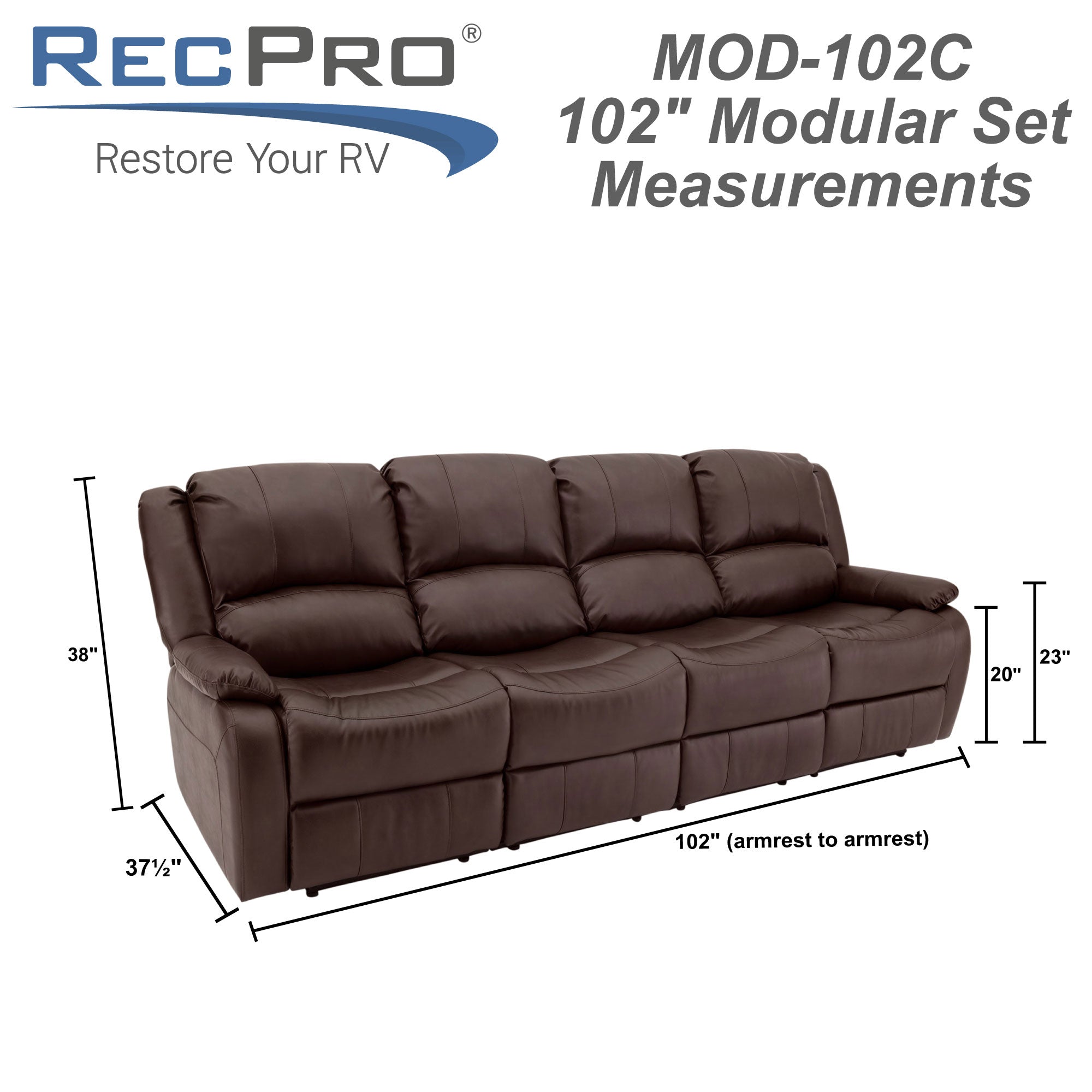 RecPro Charles 102" Quad Wall Hugger RV Recliner Sofa with Two Drop Down Consoles