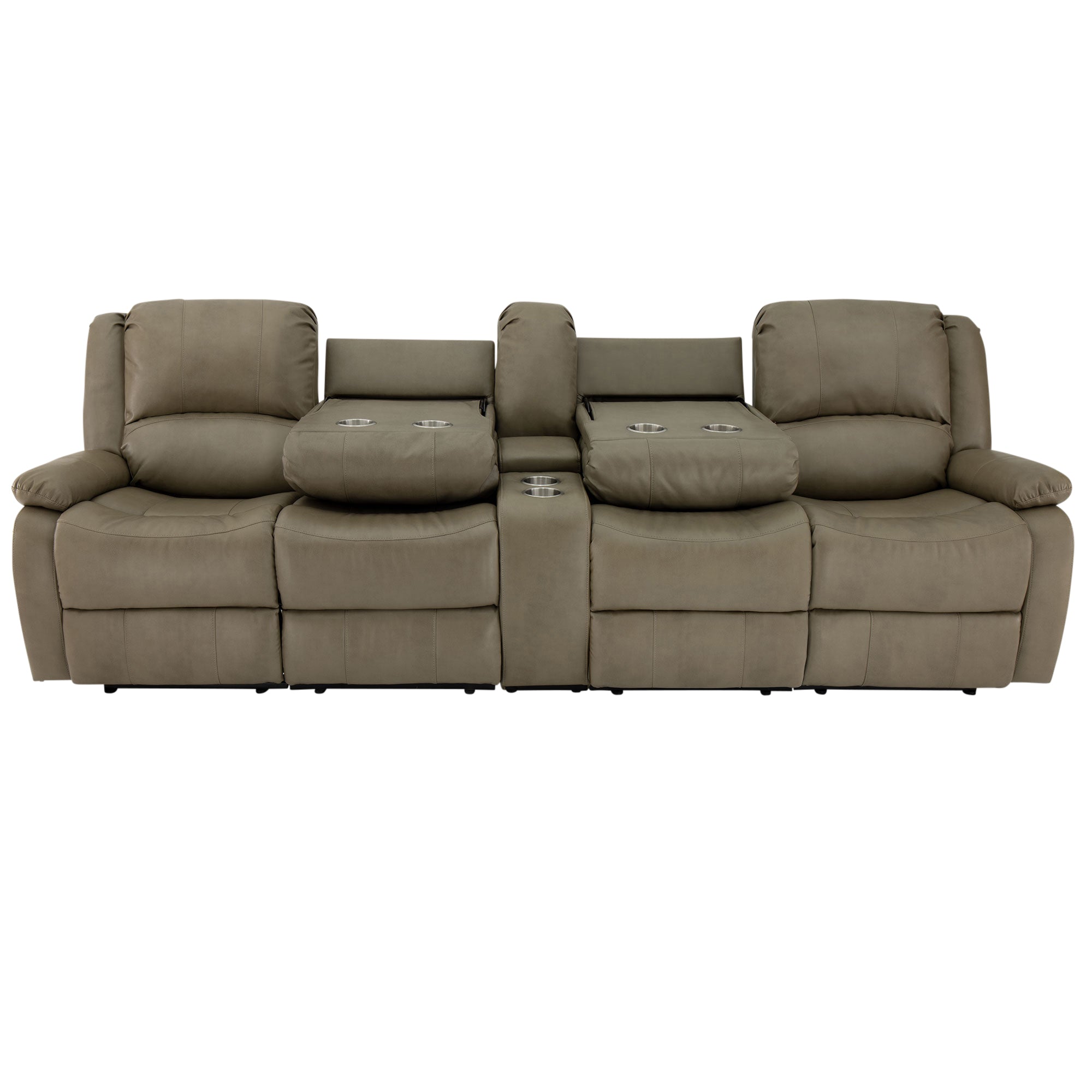 RecPro Charles 111" Quad Wall Hugger RV Recliner Sofa with Two Drop Down Consoles & Cup Holder Console
