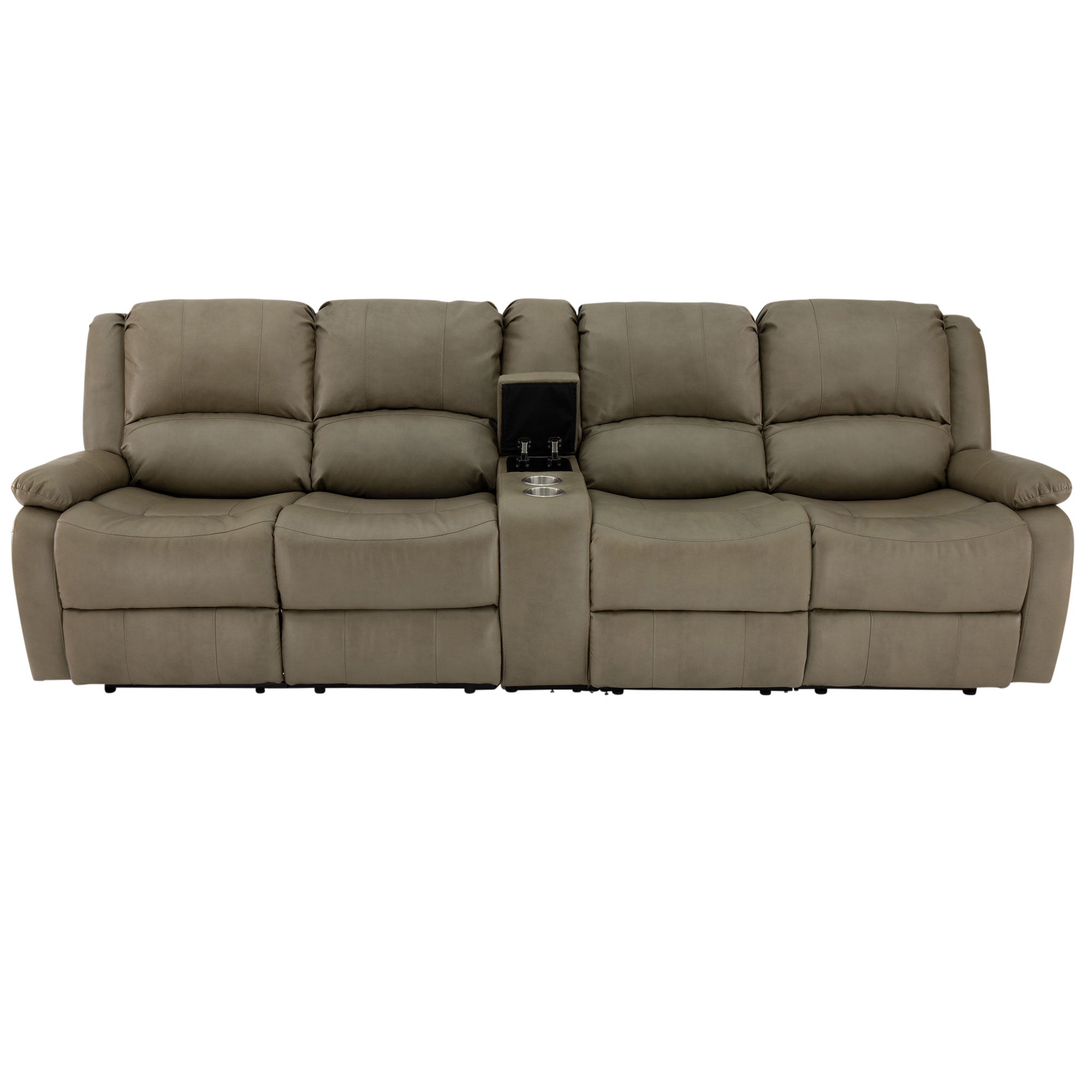 RecPro Charles 111" Quad Wall Hugger RV Recliner Sofa with Two Drop Down Consoles & Cup Holder Console