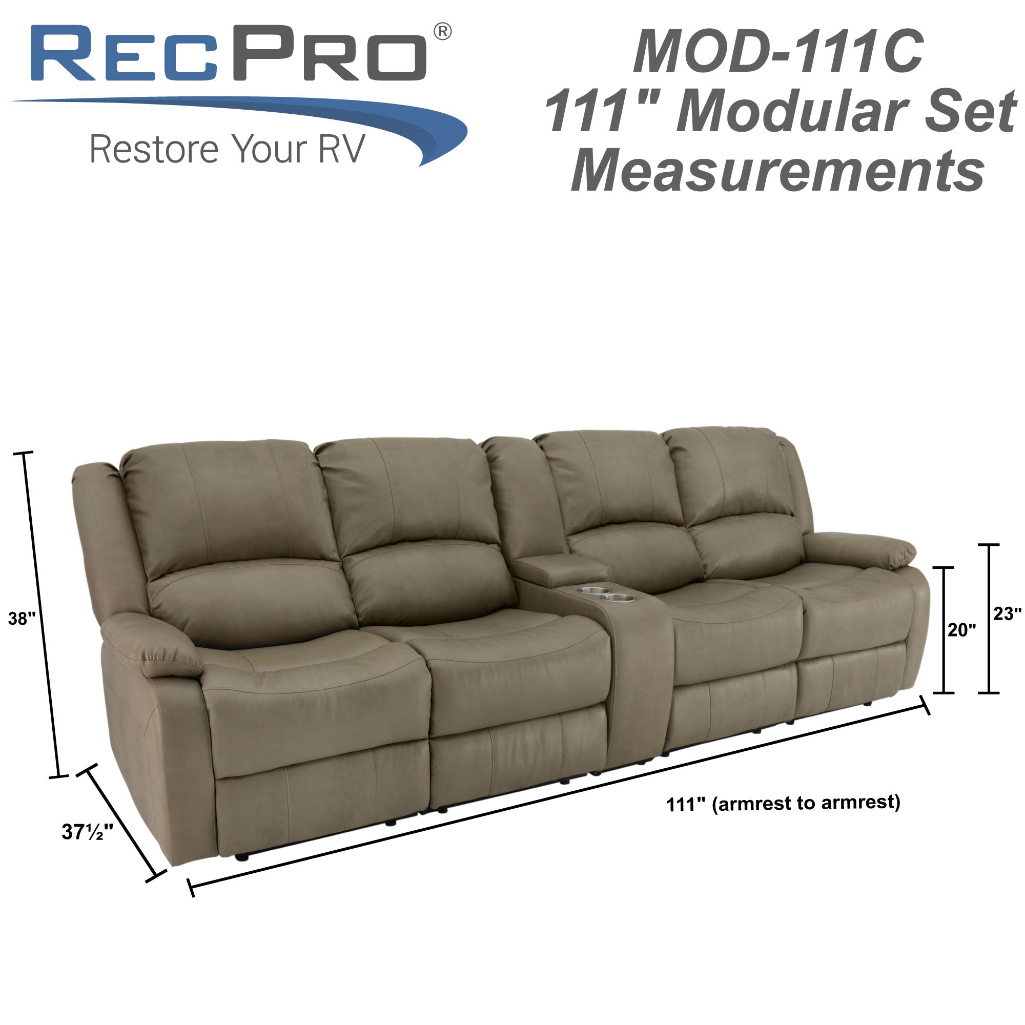 RecPro Charles 111" Quad Wall Hugger RV Recliner Sofa with Two Drop Down Consoles & Cup Holder Console