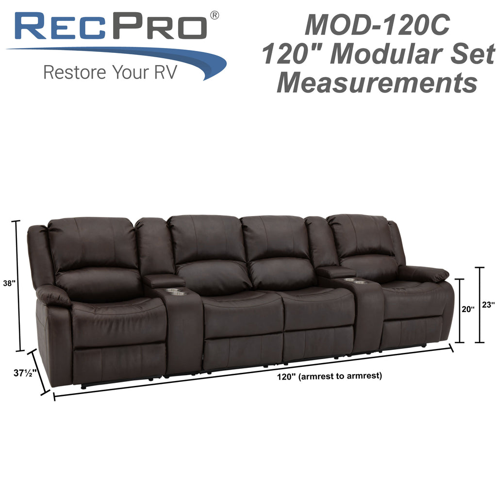 RecPro Charles 120" Quad Wall Hugger RV Recliner Sofa with Two Drop Down Consoles