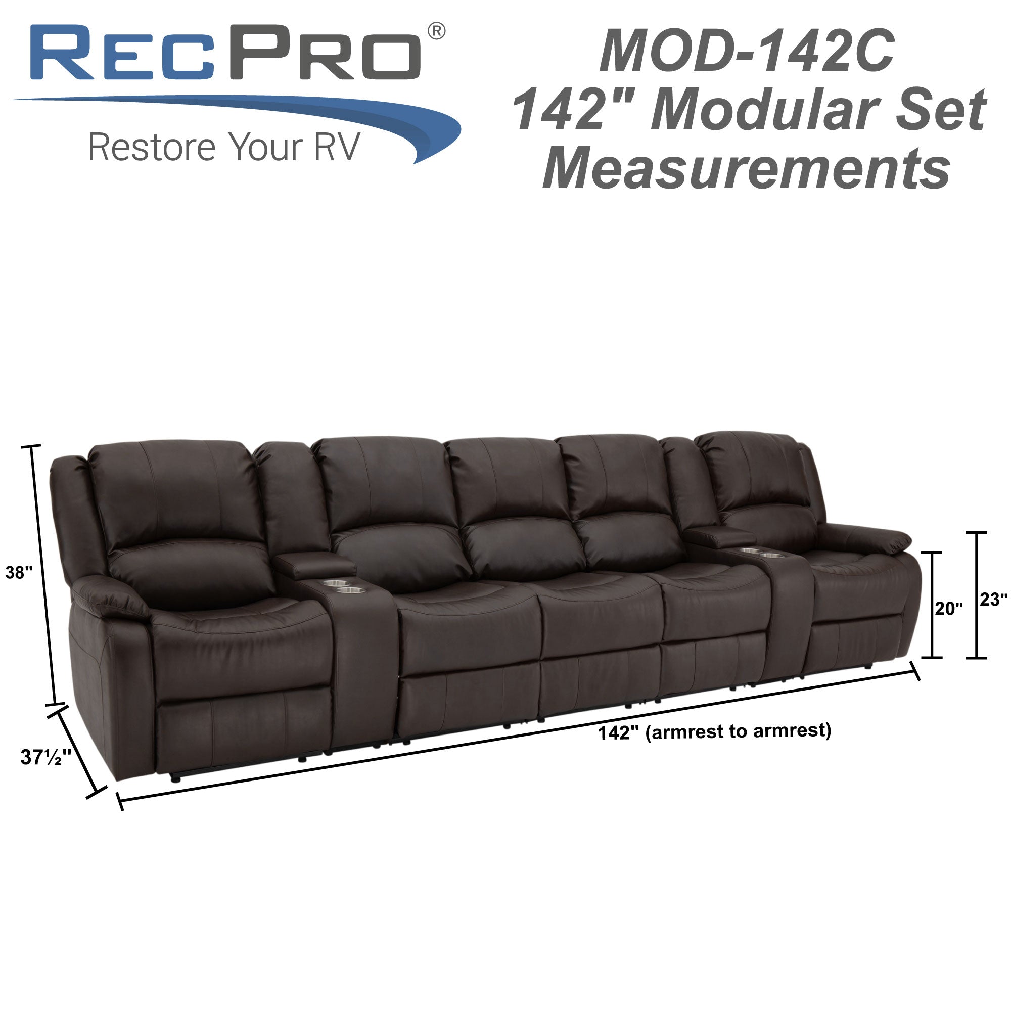 RecPro Charles 142" Wall-Hugger RV Recliner Sofa with Two Center Consoles