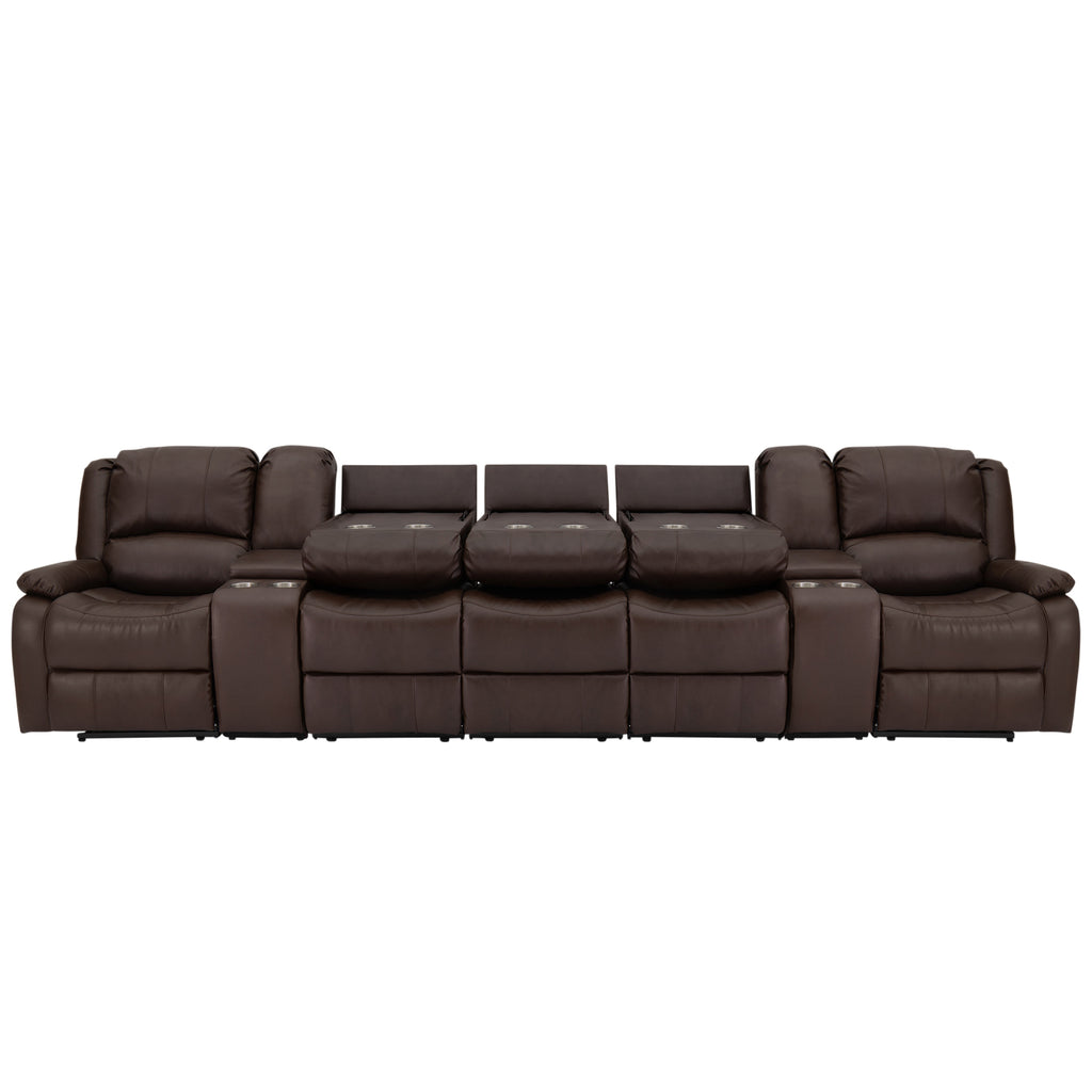 RecPro Charles 148" Wall Hugger RV Recliner Sofa with Three Center Reclining Consoles