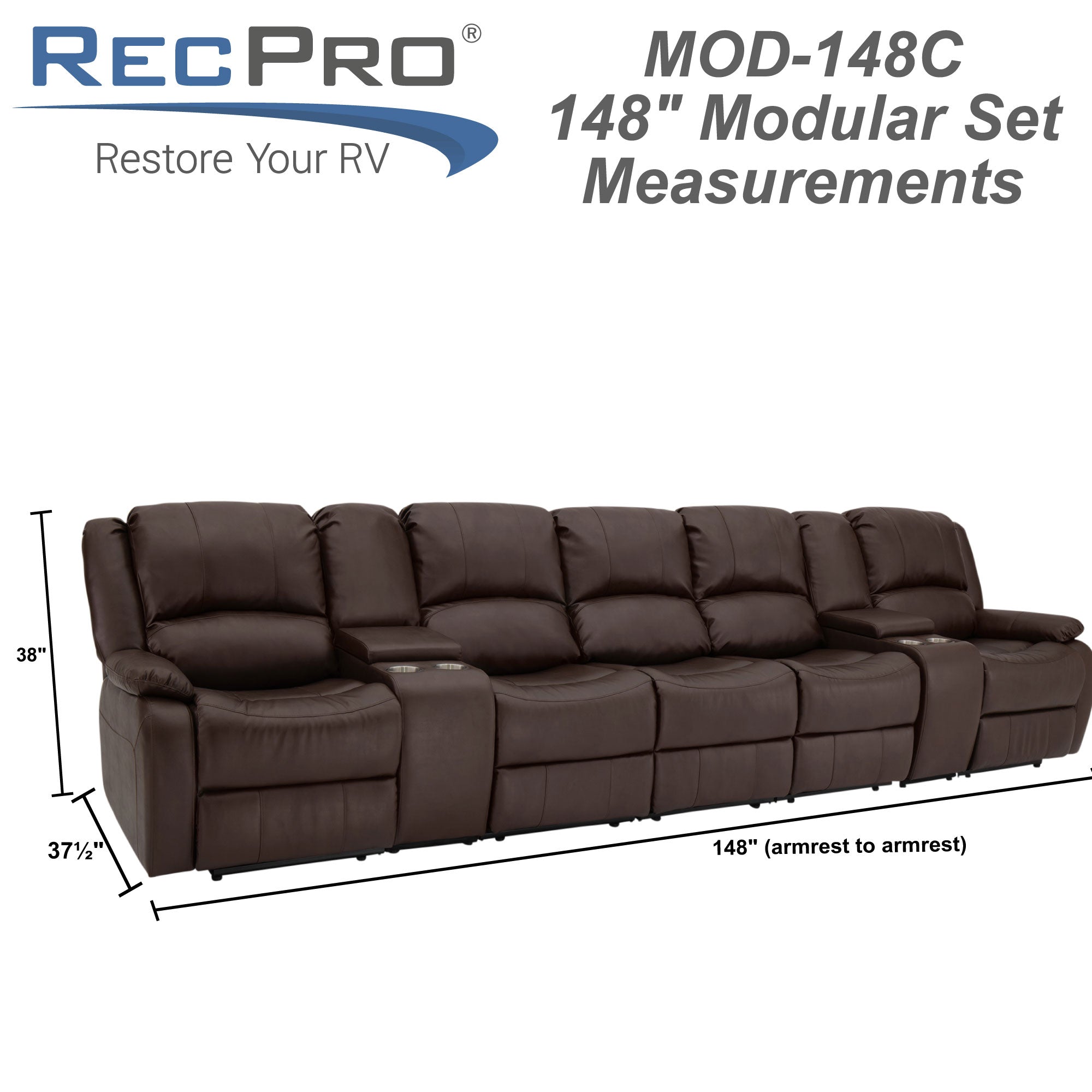 RecPro Charles 148" Wall Hugger RV Recliner Sofa with Three Center Reclining Consoles