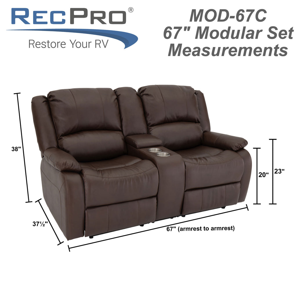 RecPro Charles 67" Double RV Wall Hugger Recliner Sofa with Console