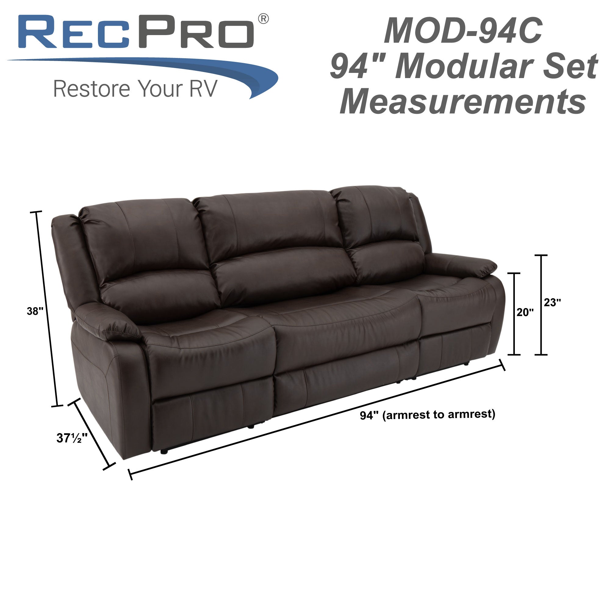 RecPro Charles 94" Double Wall Hugger RV Recliner Sofa with Drop Down Console