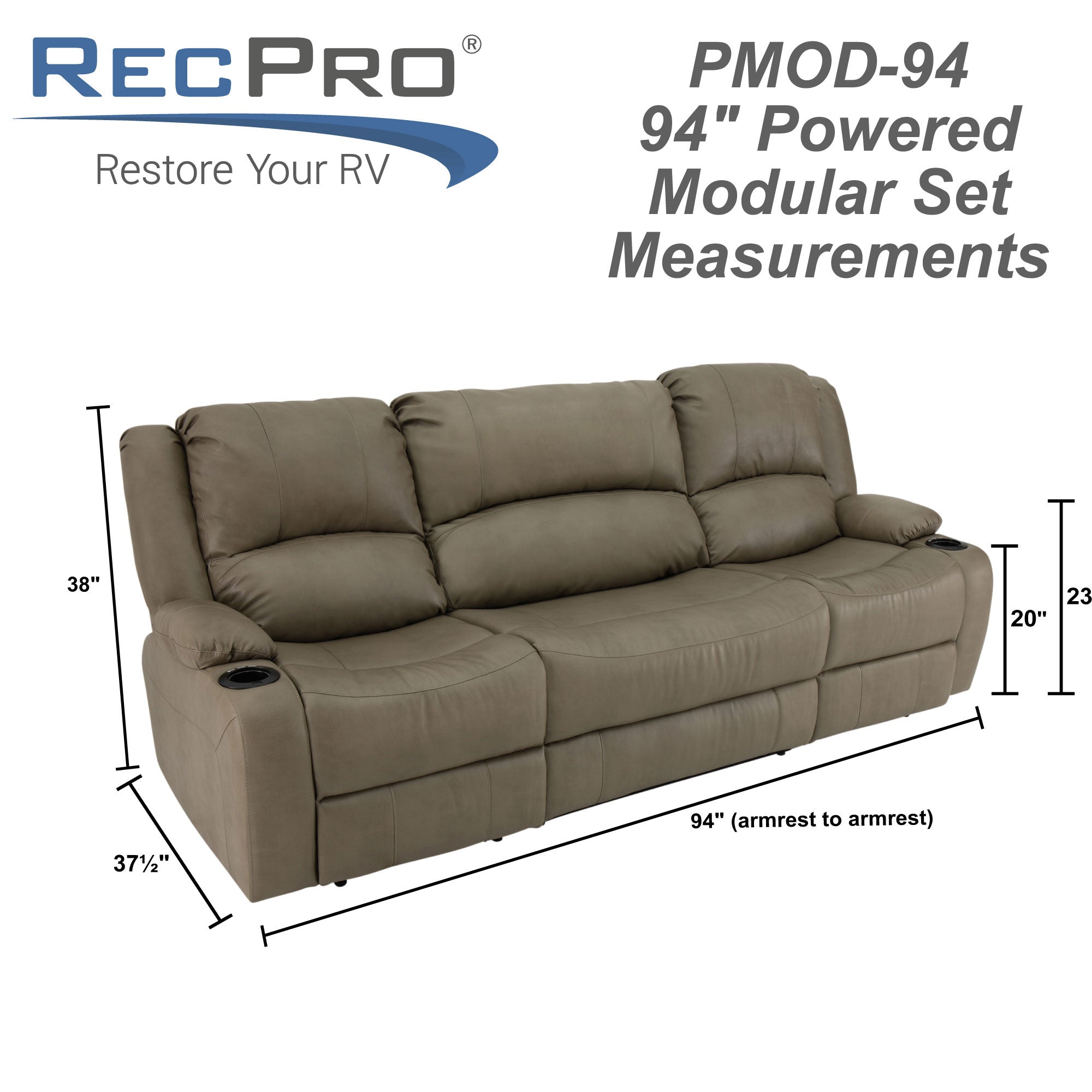 RecPro Charles 94" Powered Double RV Wall Hugger Recliner Sofa